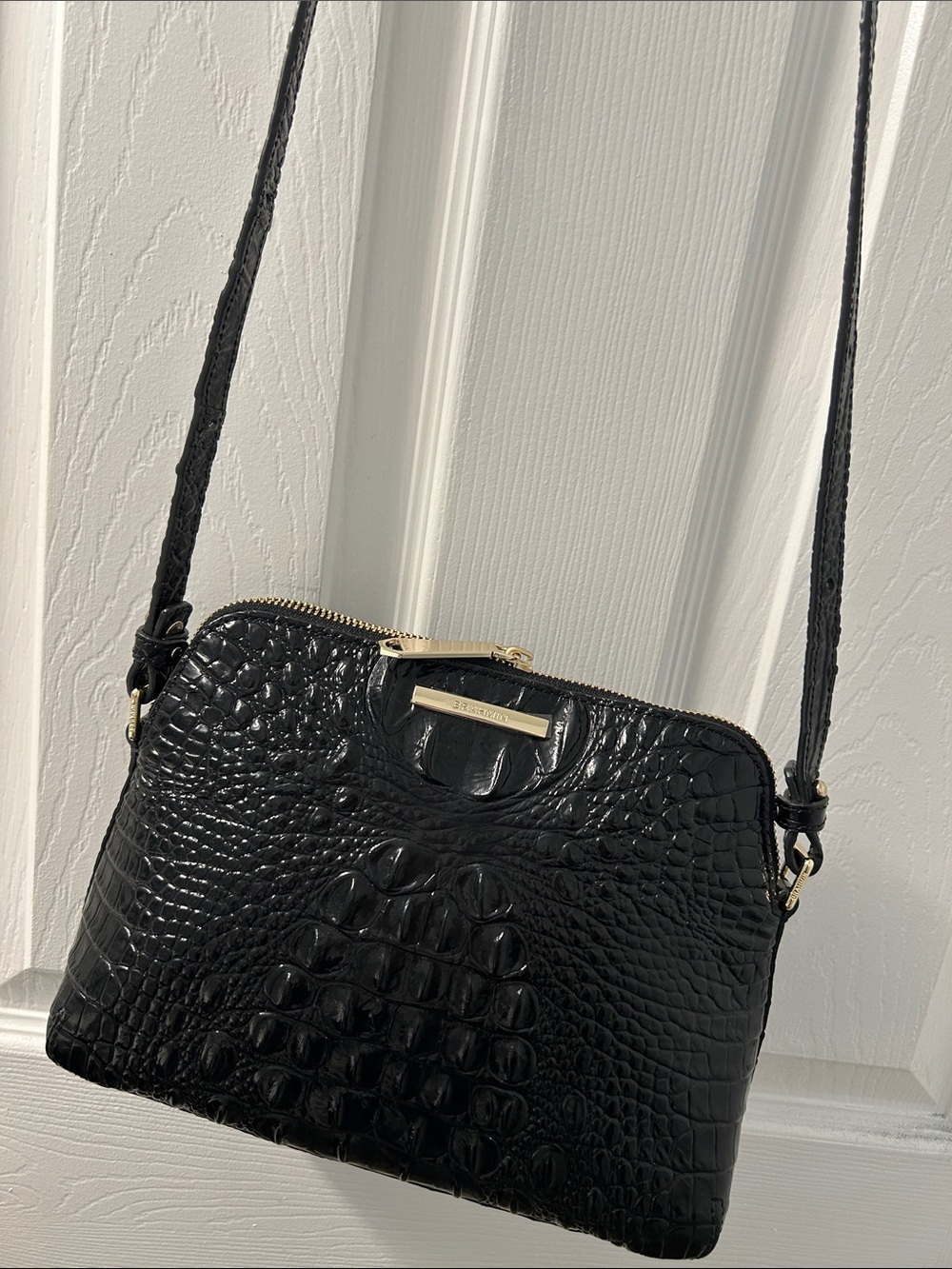 Brahmin Black Croc-Embossed Crossbody with Gold Hardware